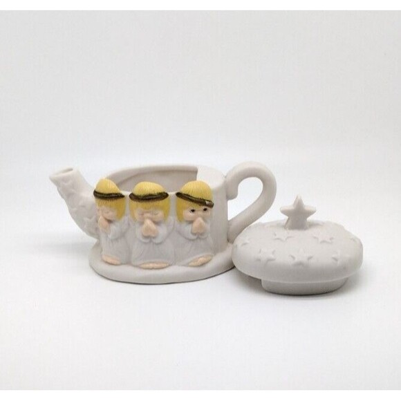 Hallmark Houston Harvest Teapot Praying Angels Stars Lid Ceramic White 3.5" VTG - Picture 5 of 9